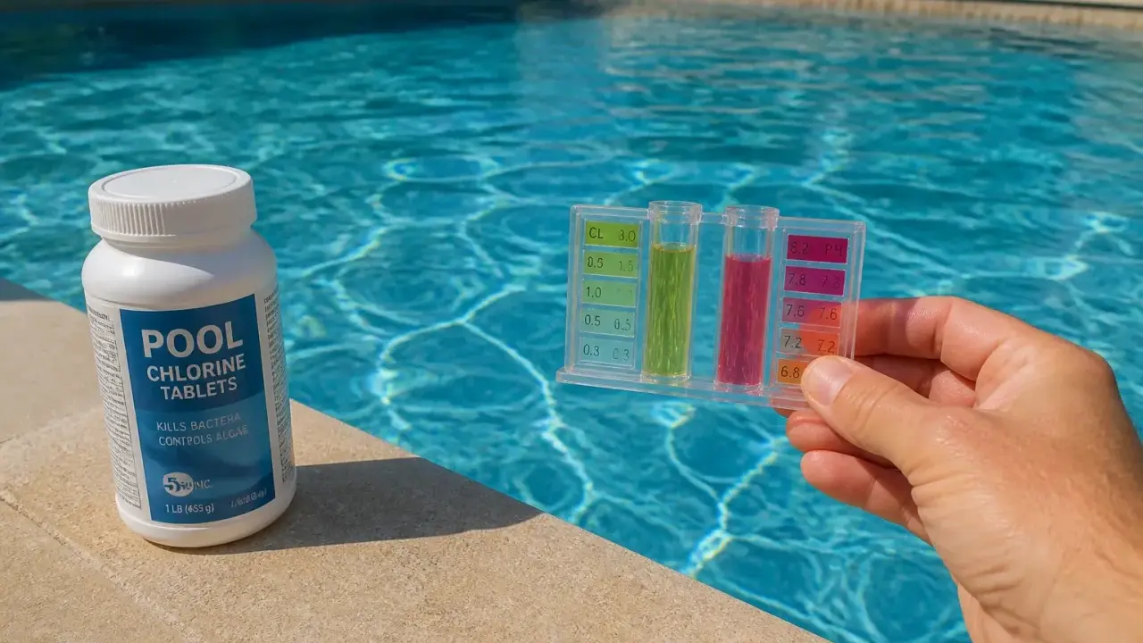 Test de chlore et de pH pour piscine, avec une bouteille de pastilles de chlore. Le temps d'évaporation du chlore dans l'eau est une préoccupation.