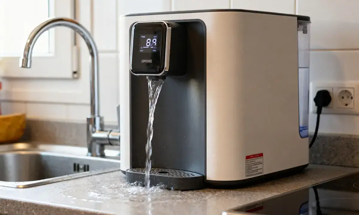 Un purificateur d'eau moderne verse de l'eau dans un évier de cuisine. L'appareil affiche "8.9" sur son écran numérique.