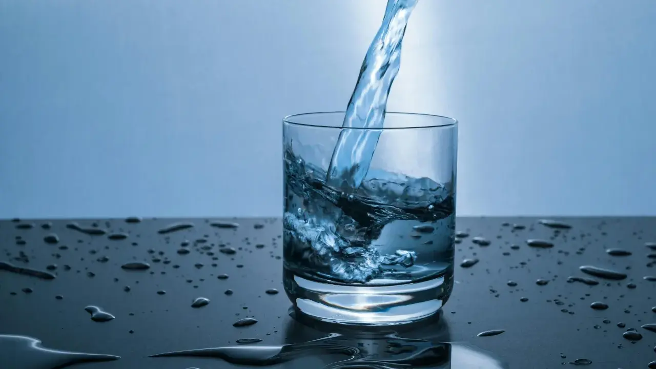 Un jet d'eau de source calcaire tombe dans un verre, créant des éclaboussures. Des gouttes d'eau parsèment la surface sombre.