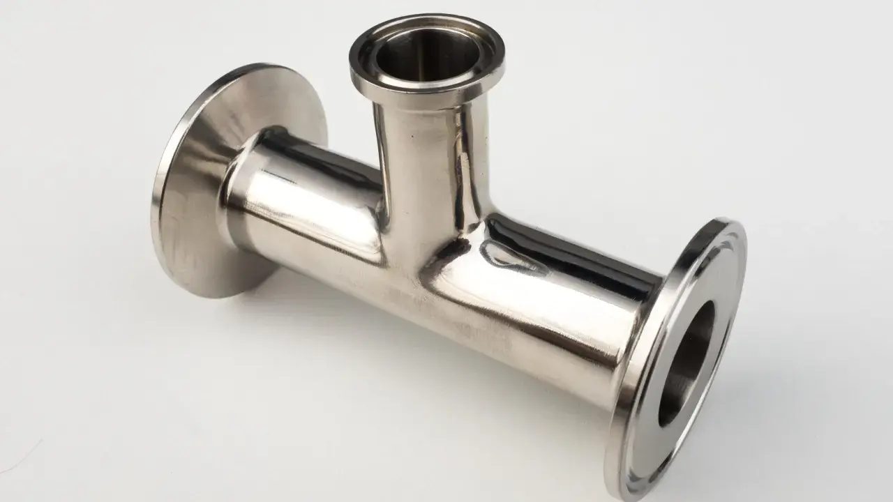 Un raccord clamp en acier inoxydable, en forme de T, prêt à être assemblé pour un système de tuyauterie.
