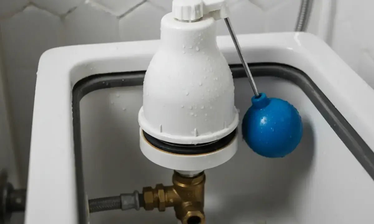 Mécanisme de chasse d'eau avec flotteur bleu. Prêt à changer la chasse d'eau pour un modèle plus moderne.