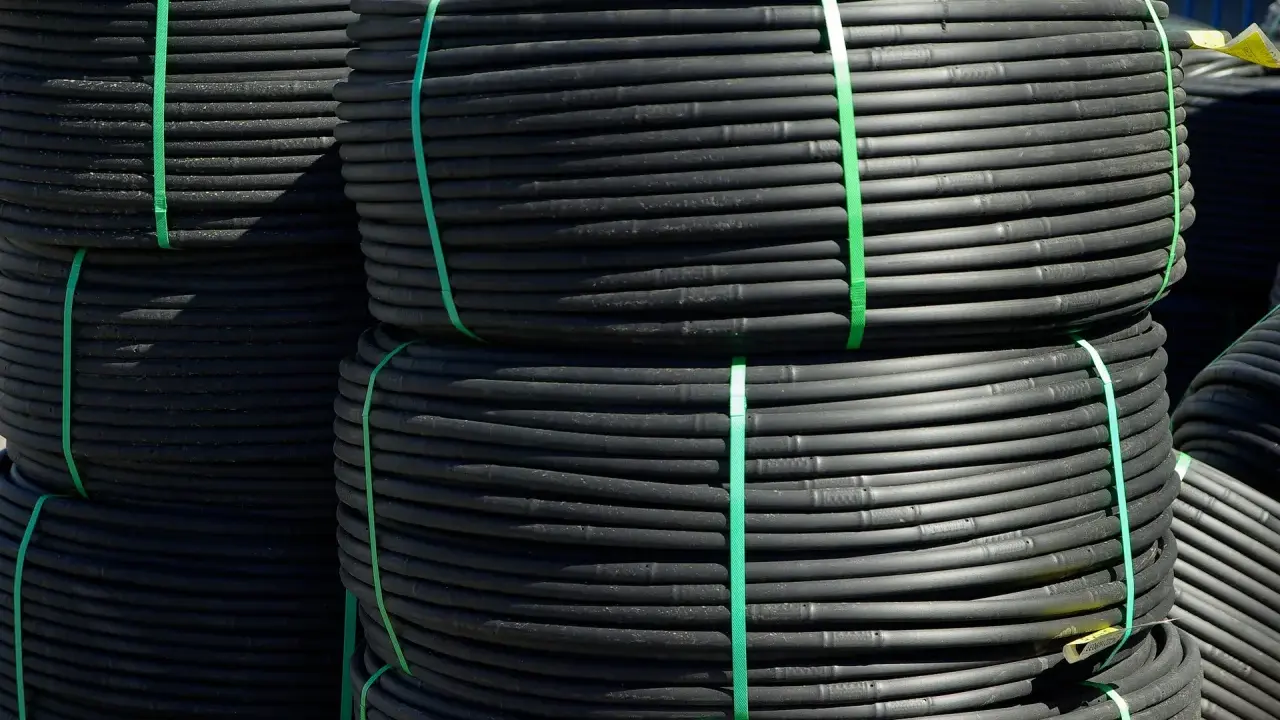 Rouleaux de tube plastique flexible noir, attachés par des sangles vertes, prêts pour l'irrigation.
