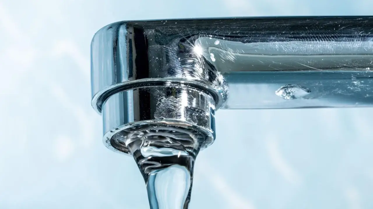 Gouttes d'eau tombant d'un robinet chromé, montrant des dépôts calcaires, un signe du tableau dureté de l'eau.