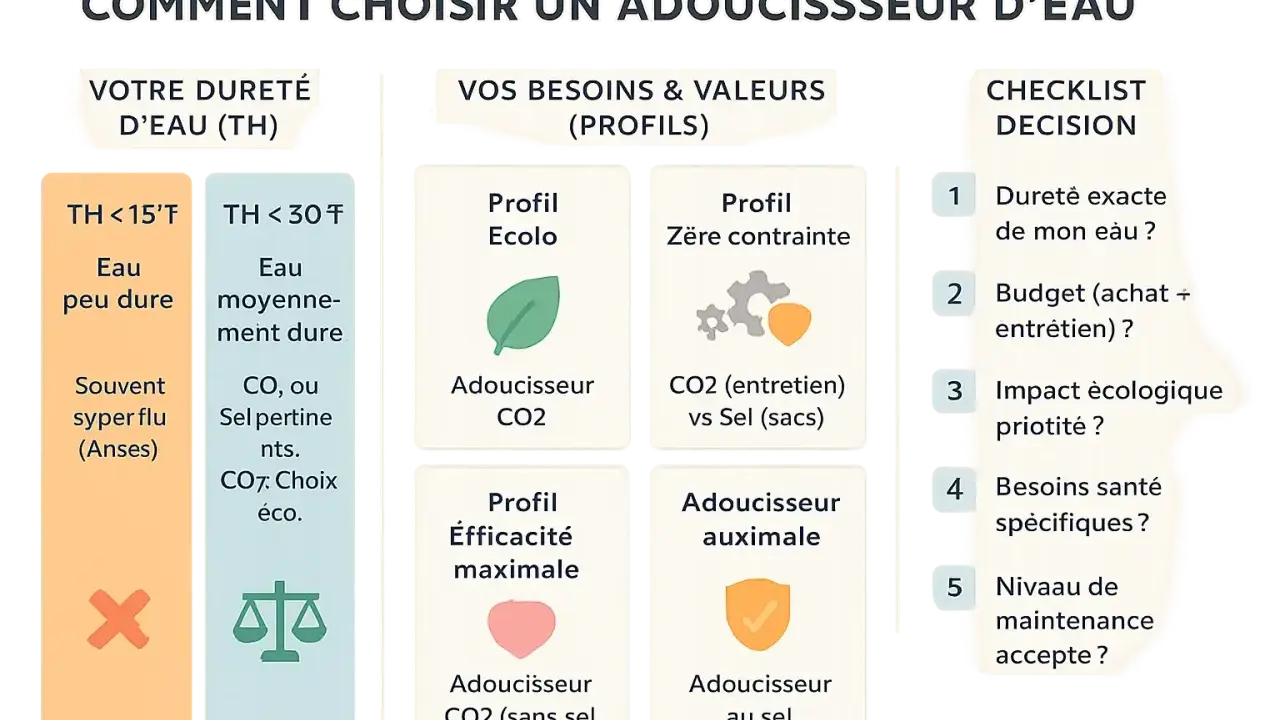 Guide pour choisir quel adoucisseur d'eau pour 4 personnes : dureté de l'eau, profils (écolo, zéro contrainte, efficacité max, maximal), et checklist décision.