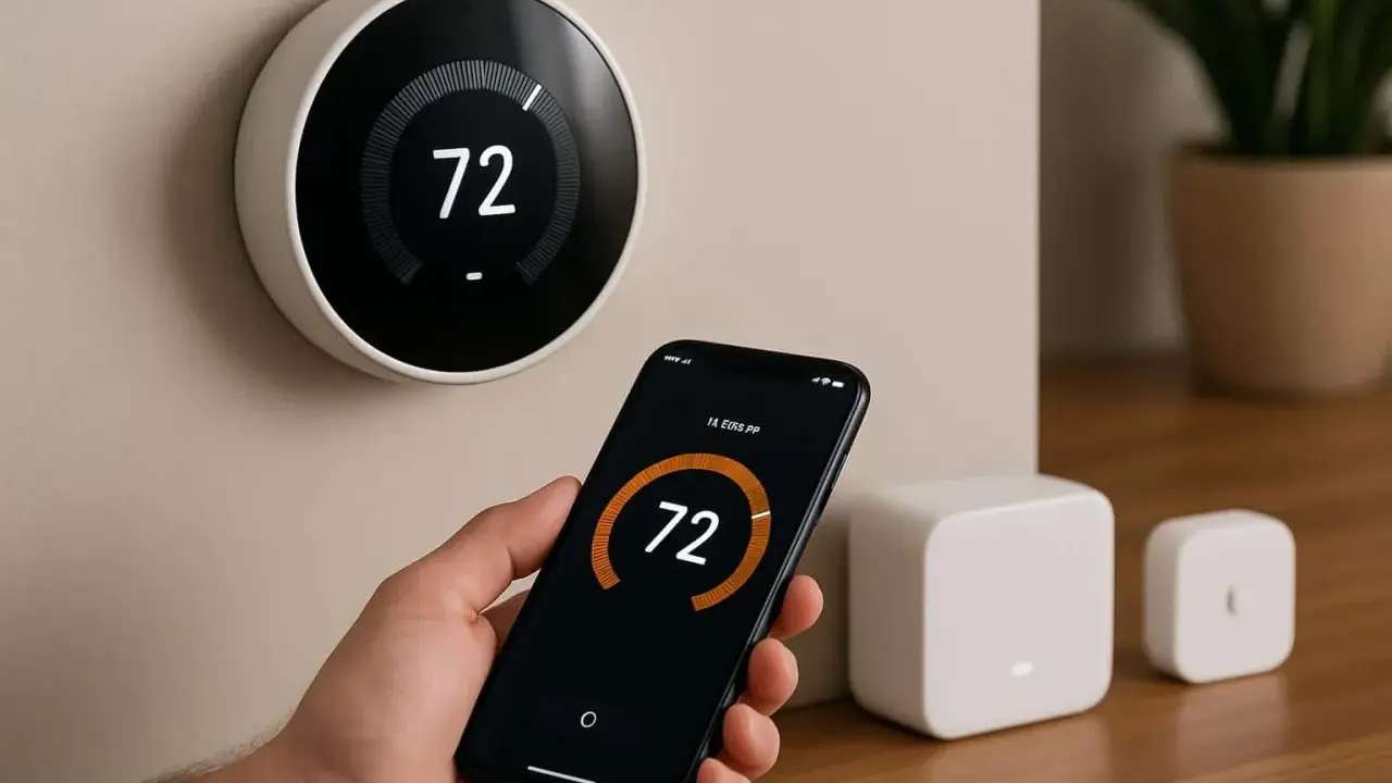 Thermostat intelligent contrôlé par smartphone, un exemple de domotique. La température est réglée à 72 degrés.