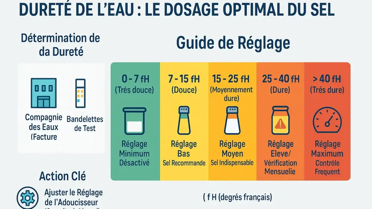 Guide pour ajuster le sel de votre adoucisseur d'eau selon sa dureté. L'eau moyennement dure (15-25 fH) nécessite un réglage moyen et du sel indispensable.