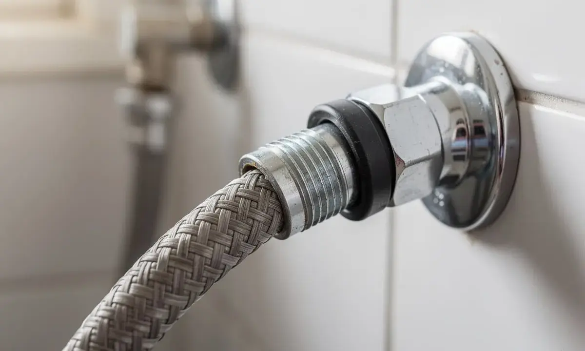 Gros plan sur un raccord double en métal chromé, connectant un tuyau tressé à une valve murale.
