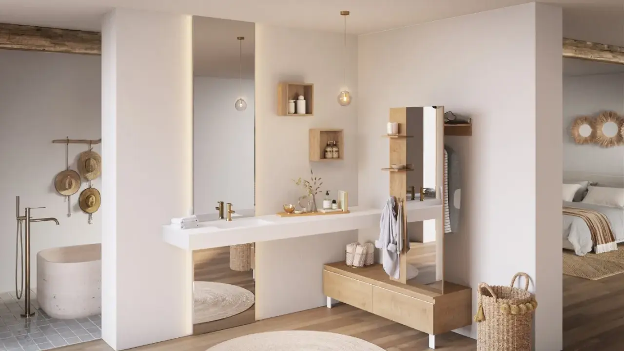 Salle de bain ouverte sur chambre, avec baignoire, lavabo, et dressing. Ambiance épurée et naturelle.