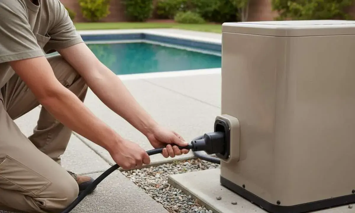 Un homme branche un câble à une pompe de piscine, prêt à assurer la filtration.