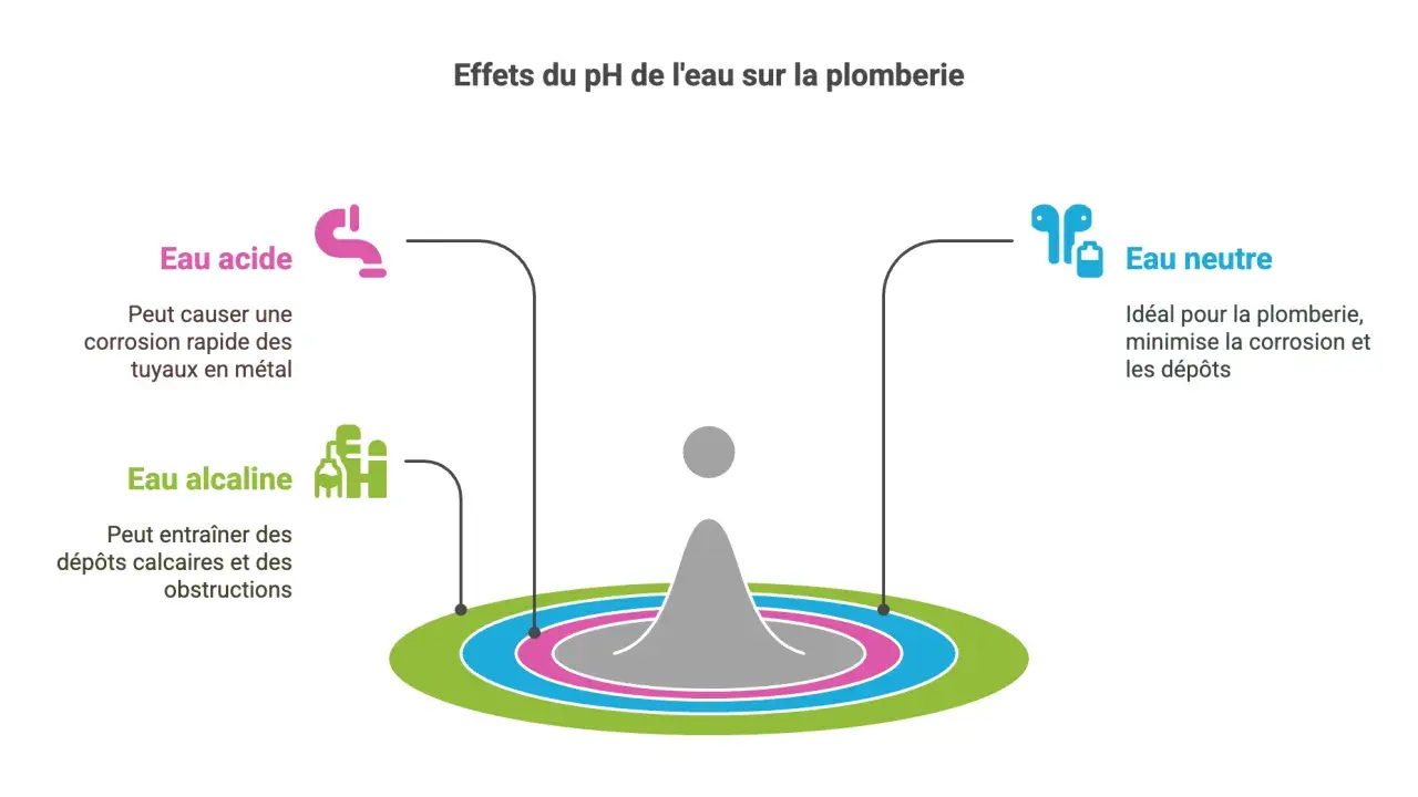 L'eau acide corrode les tuyaux, l'eau alcaline cause des dépôts. L'eau neutre est idéale pour la plomberie, minimisant la corrosion et les dépôts.