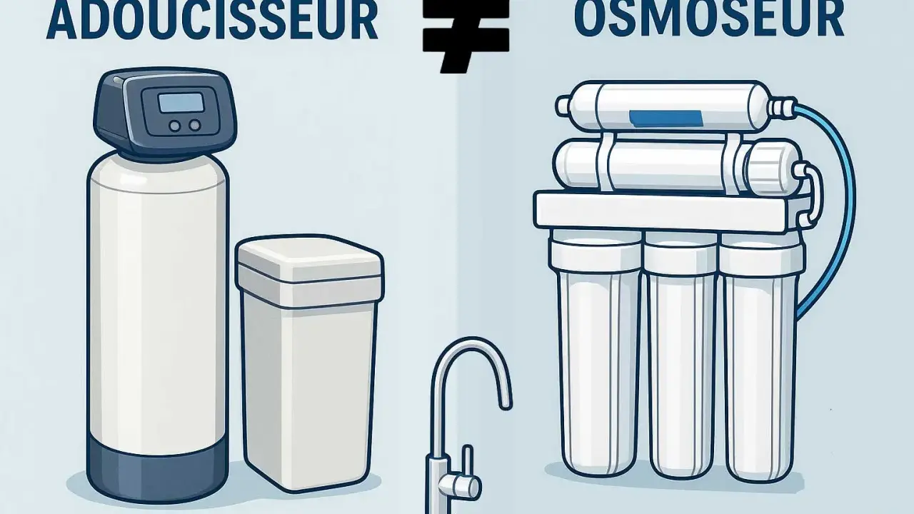 Illustration comparant un adoucisseur d'eau et un système d'osmoseur, montrant leurs différences pour une eau plus pure.