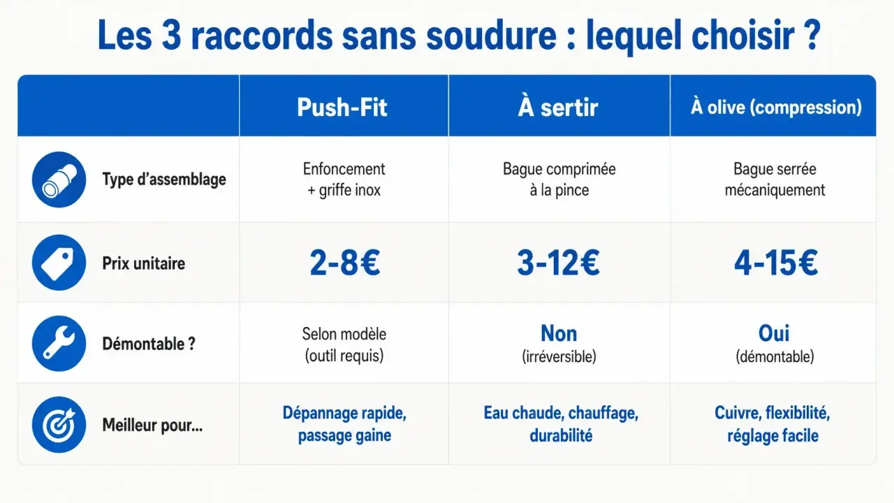 Tableau comparatif des raccords sans soudure : Push-Fit, à sertir, à olive. Idéal pour la plomberie sans soudure.