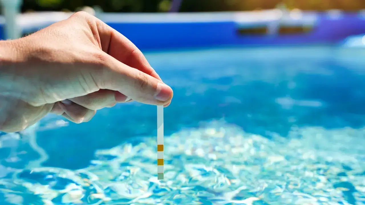 Main tenue une bandelette de test dans l'eau d'une piscine pour vérifier la qualité de l'eau, essentielle au bon fonctionnement du système pompe piscine.