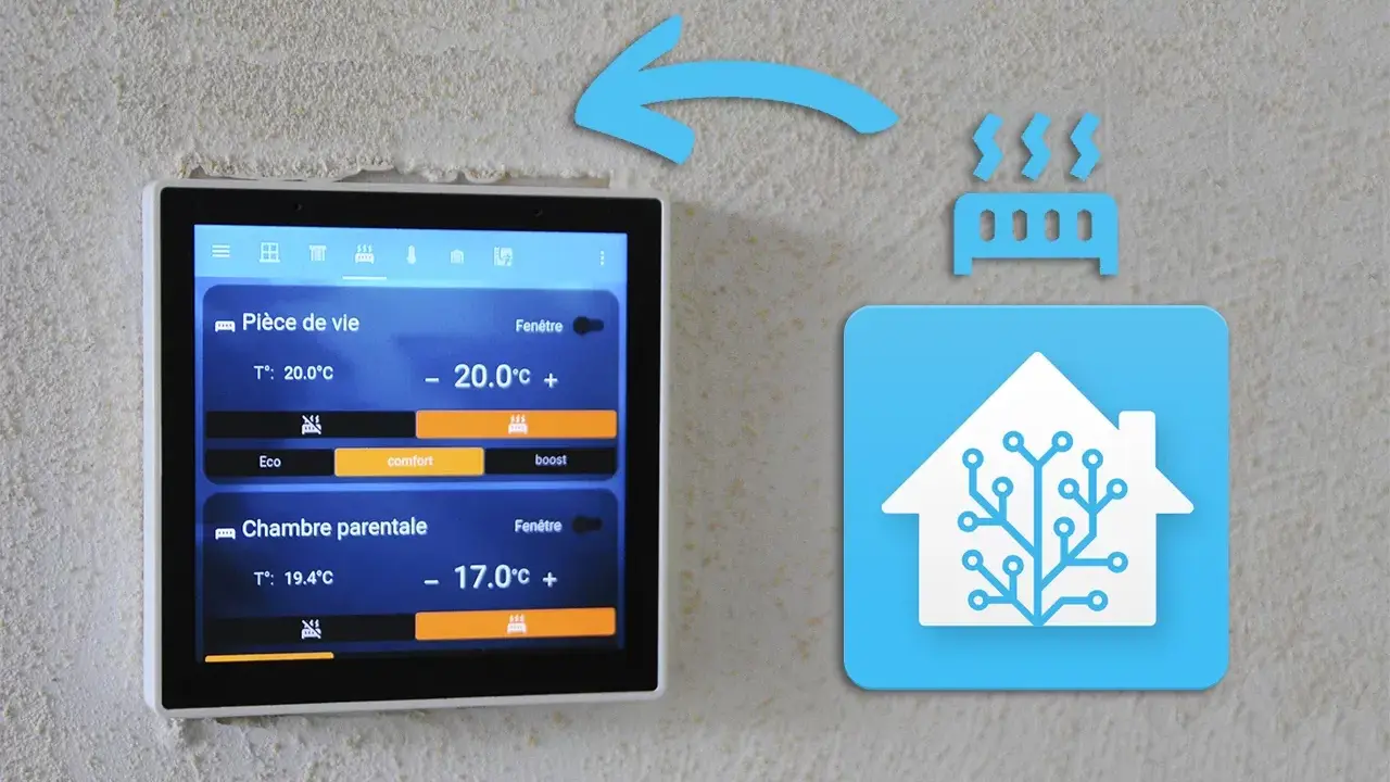 Écran tactile de domotique affichant la température de deux pièces. Apprenez comment programmer un programmateur pour optimiser votre confort.