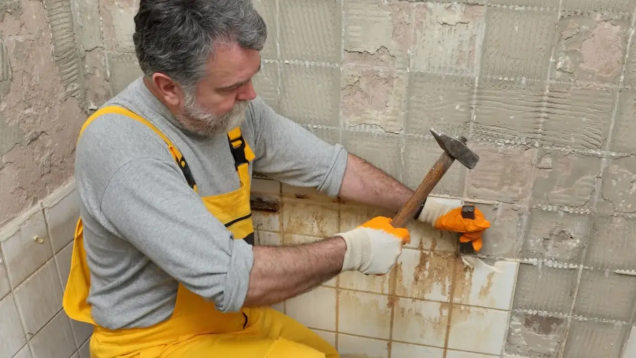 Un homme en salopette jaune utilise un marteau pour enlever le carrelage mural, révélant le plâtre en dessous.