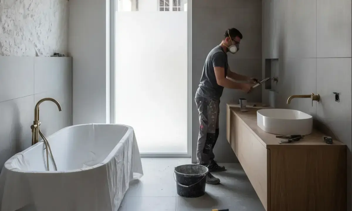 Un ouvrier masqué travaille sur la **rénovation baignoire** et le lavabo dans une salle de bain moderne en cours d'aménagement.