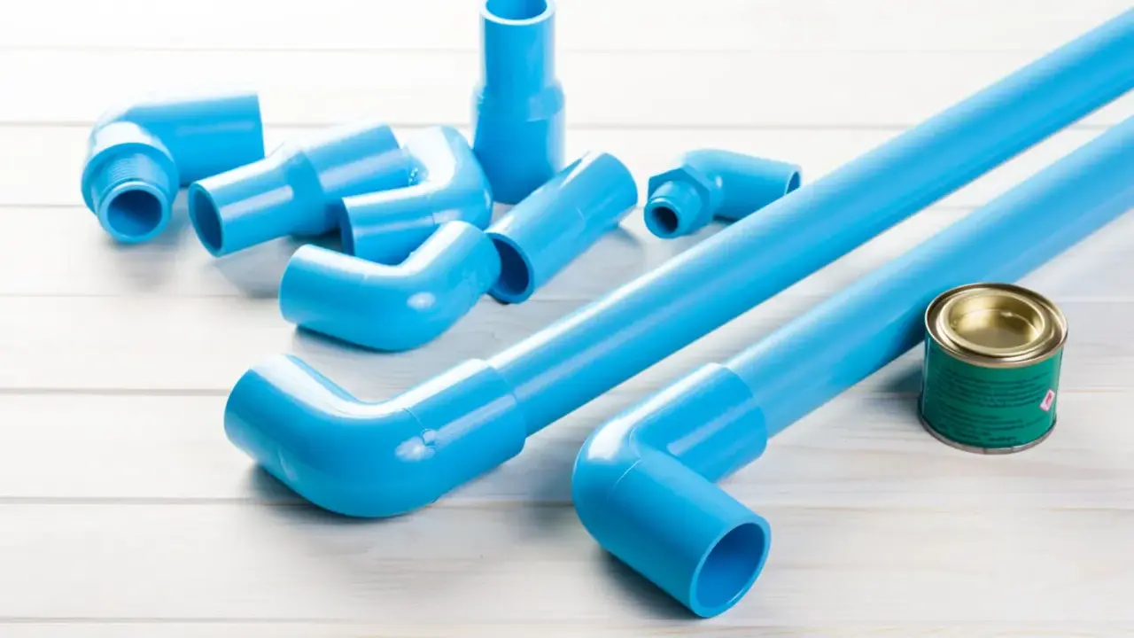 Ensemble de tuyaux et raccords bleus en PVC, prêts pour une installation. Un pot de colle est à proximité.