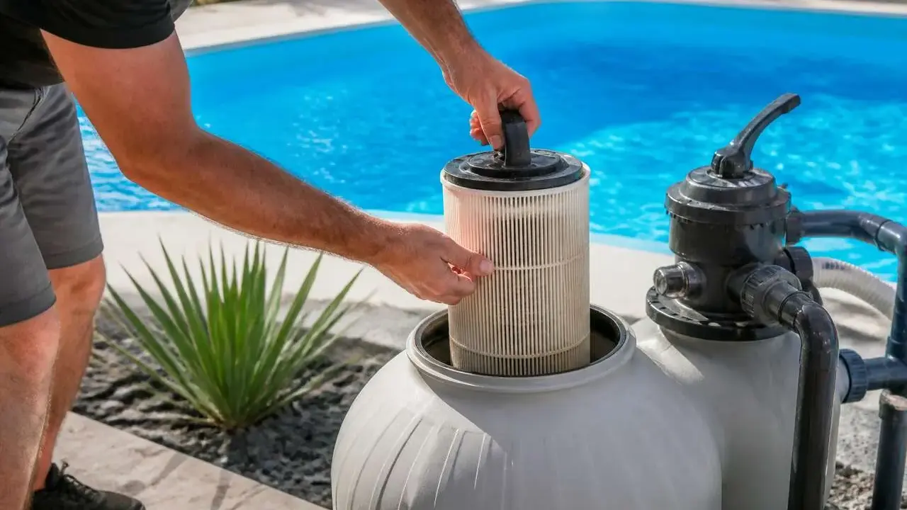 Entretien de la pompe à sable : une main retire le filtre d'une cuve grise, prêt pour le nettoyage. Piscine bleue en arrière-plan.