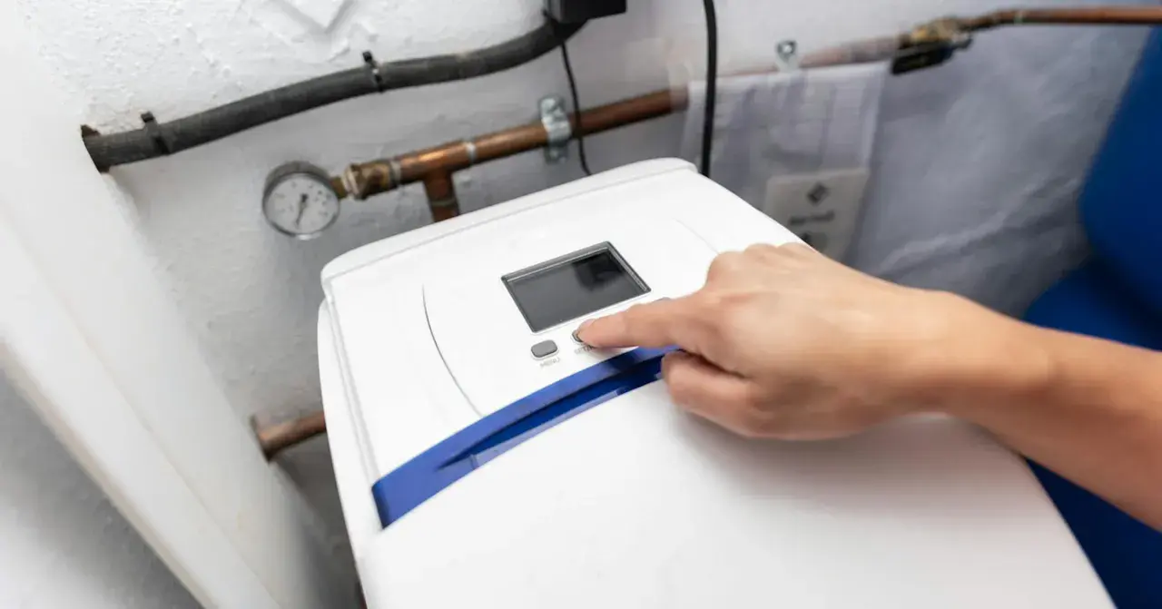 Main d'une personne appuyant sur le bouton "SET" d'un adoucisseur d'eau. Le manomètre indique la pression. Le 16 c'est quoi ?