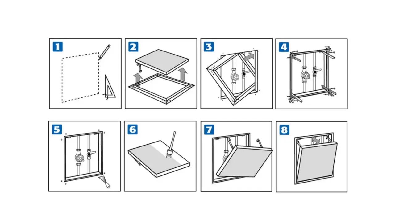 Instructions pour installer un **joint de trappe**. Les étapes montrent le traçage, l'assemblage du cadre, la fixation des tuyaux, l'application du joint, et la pose de la trappe.