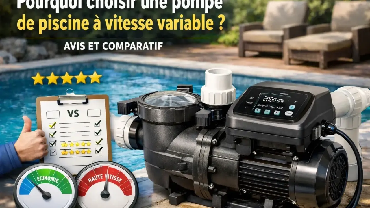 Comparatif pour choisir pompe piscine : une pompe à vitesse variable, un tableau d'avis, des indicateurs d'économie et de haute vitesse.