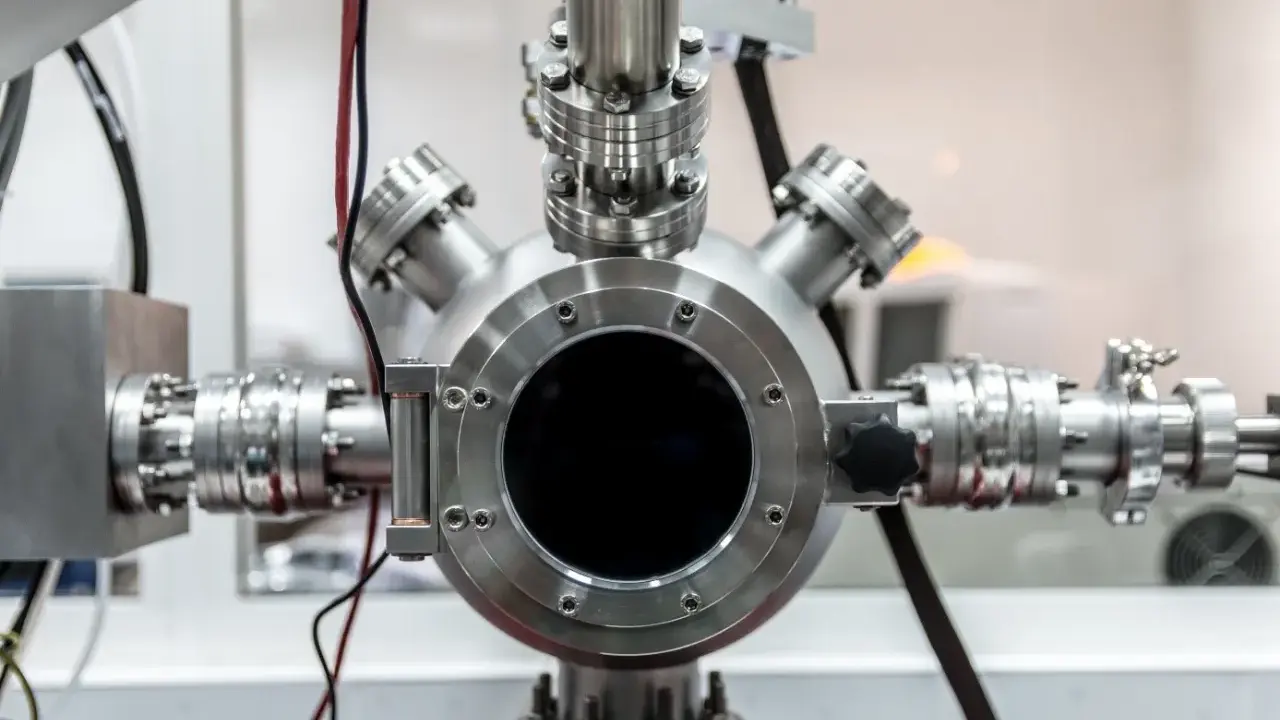 Gros plan sur un équipement de laboratoire complexe, avec une bride tournante inox au centre, connectée à divers tuyaux et raccords métalliques.