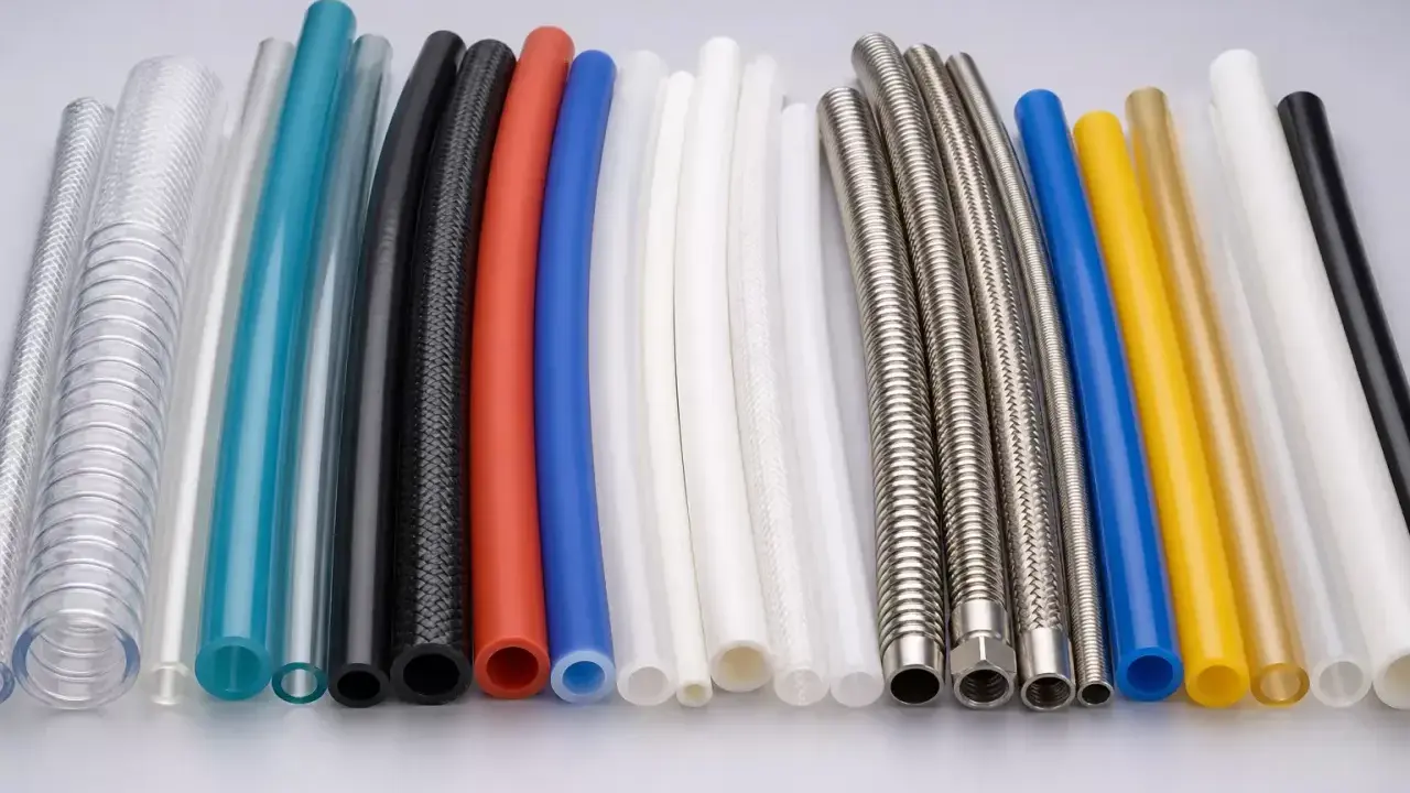 Gamme de tuyaux : transparent, bleu, rouge, noir, blanc, jaune, or et métal. Un tuyau plastique transparent est visible.