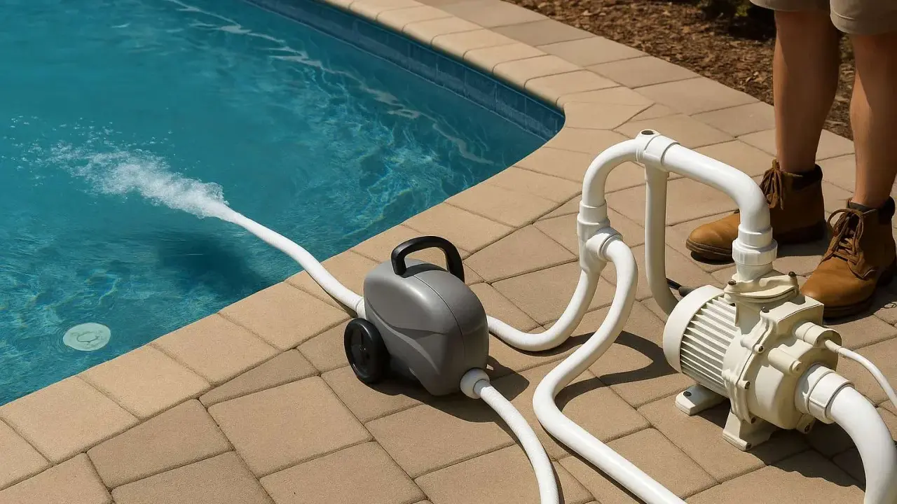 Pompe de piscine avec tuyaux et jet d'eau dans la piscine.