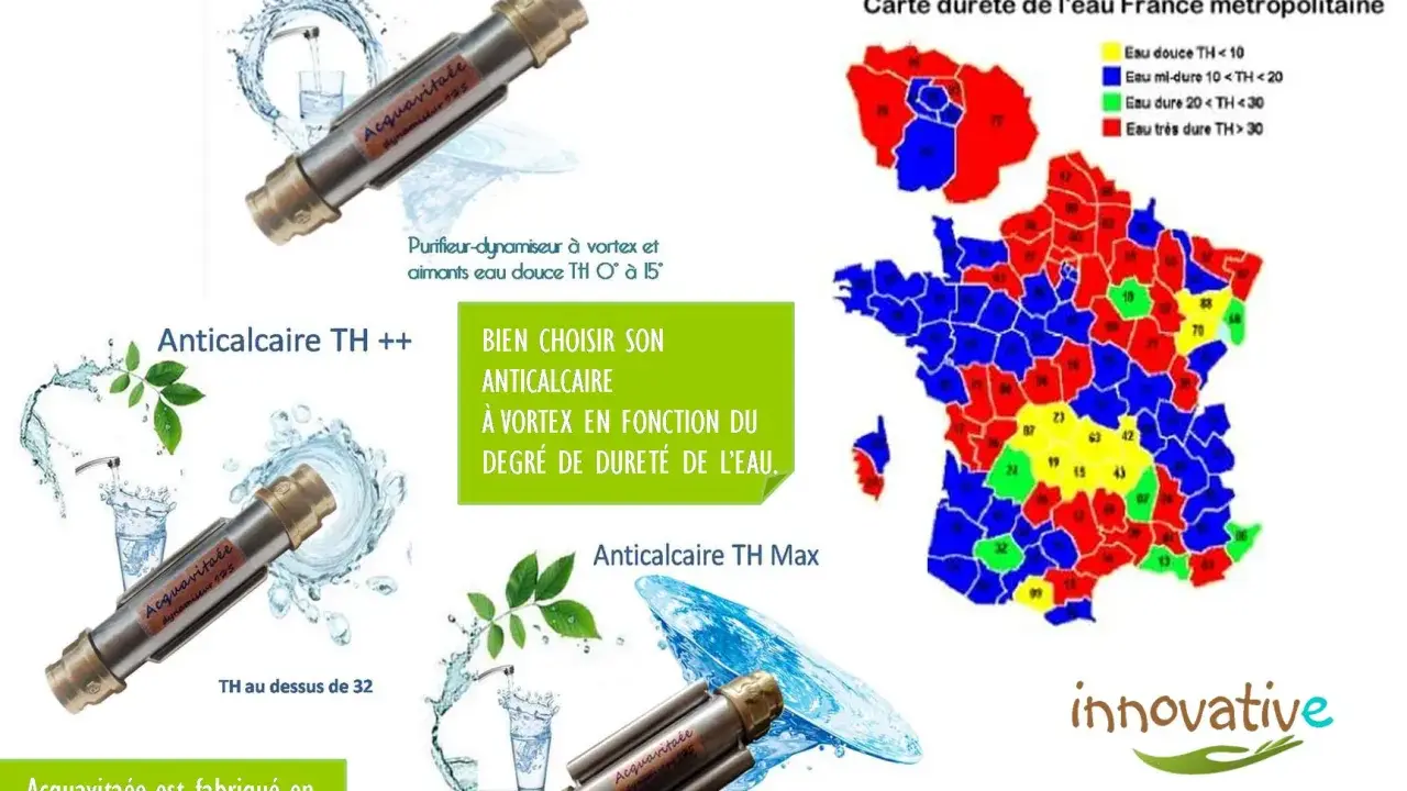 Carte de la dureté de l'eau en France, montrant les zones d'eau calcaire. Des dispositifs anticalcaires Acquavitaée sont présentés.