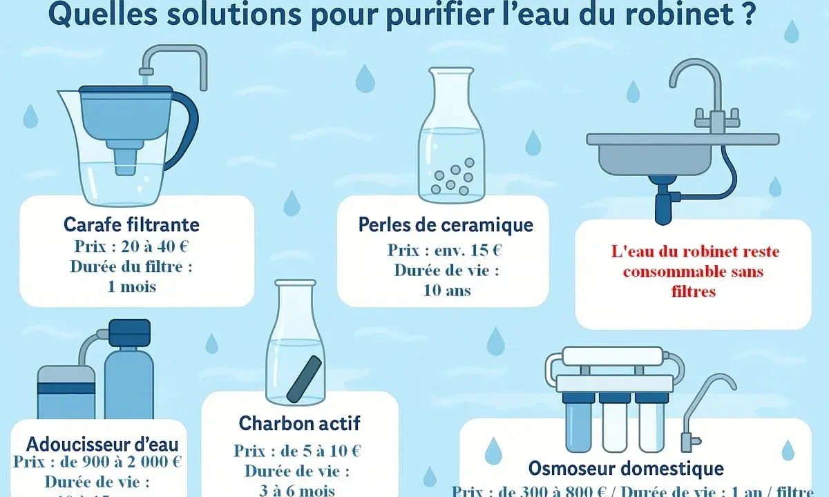 Diverses méthodes pour purifier l'eau du robinet naturellement : carafes filtrantes, perles de céramique, charbon actif, adoucisseurs, osmoseurs.