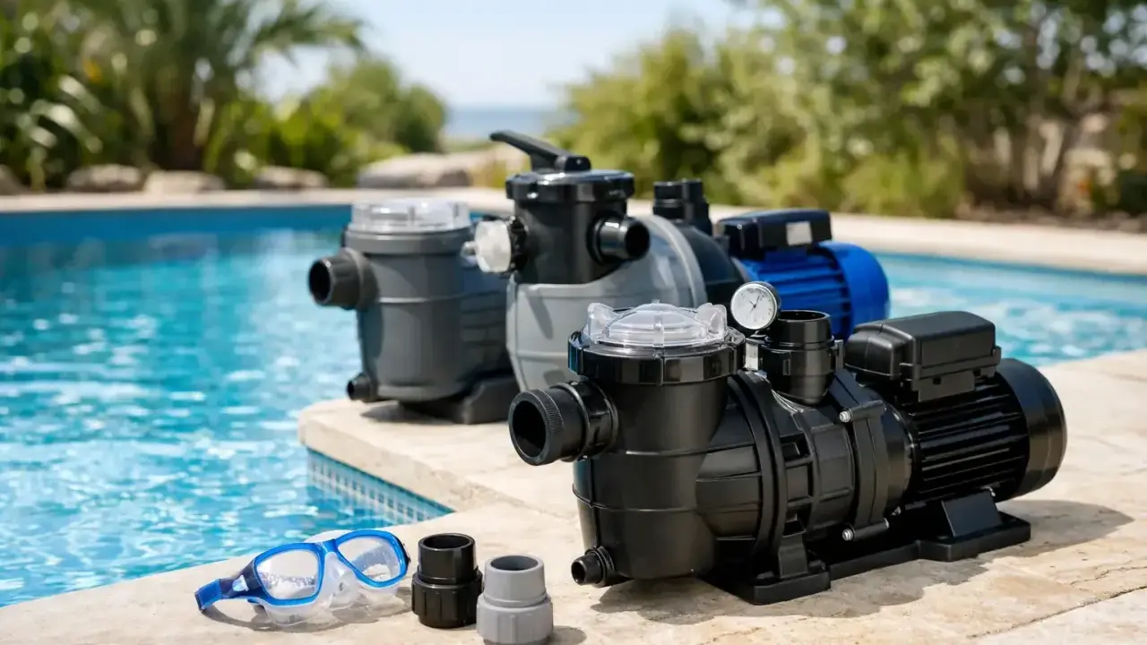 Plusieurs pompes de piscine, avec un tableau de puissance, sont alignées sur le bord d'une piscine bleue. Des lunettes de plongée sont posées à côté.