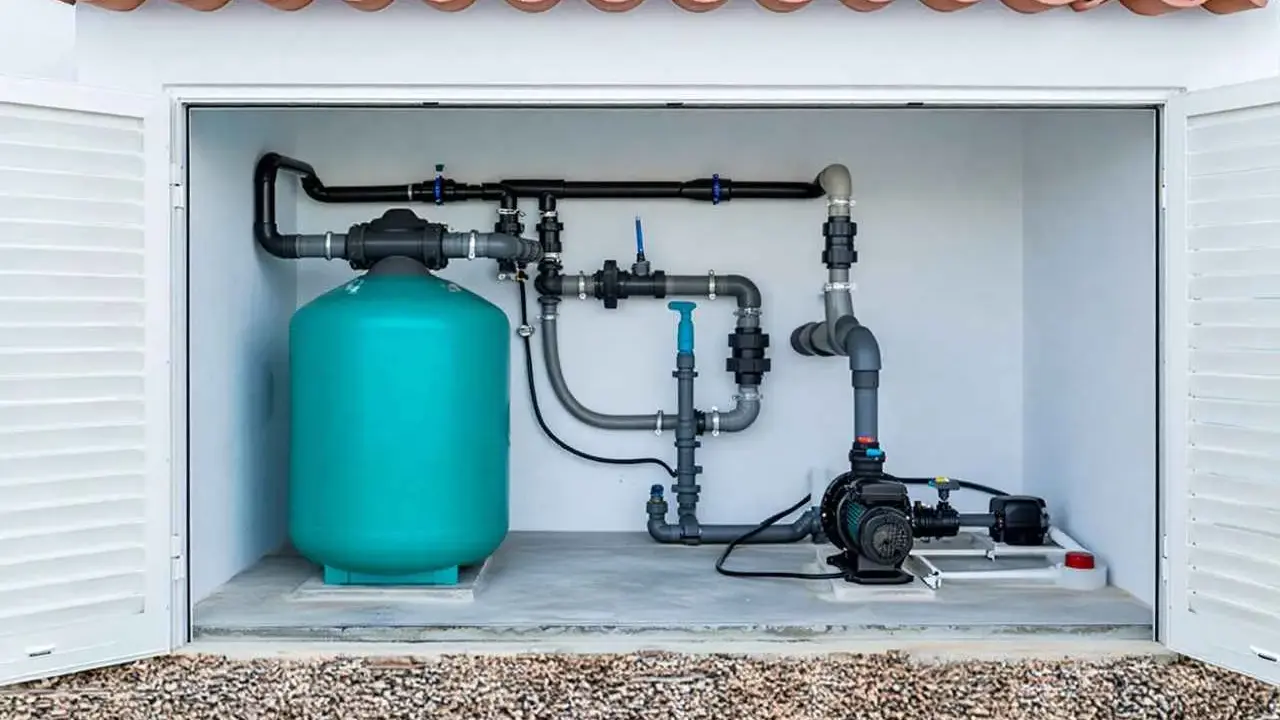 Système de filtration de piscine compact, une solution locale pour une piscine de 2m². Tuyauterie, pompe et réservoir turquoise.