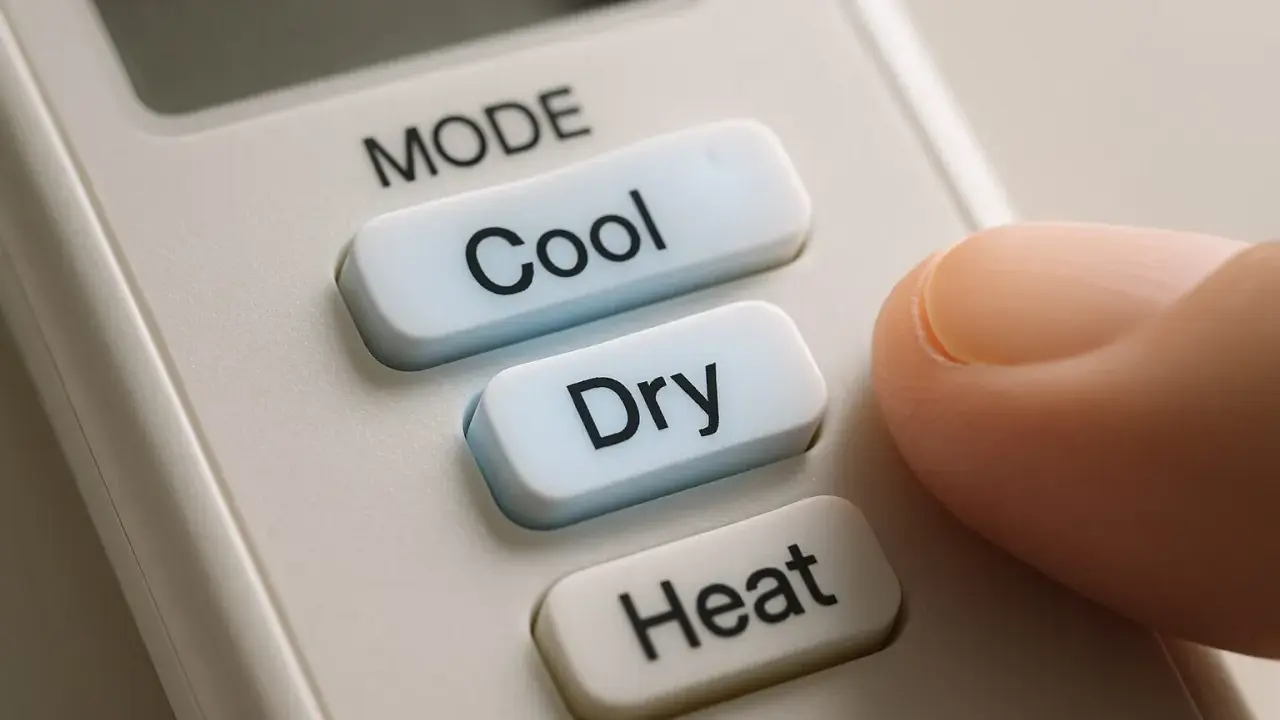 Doigt appuyant sur le bouton "Cool" d'une télécommande clim, offrant le choix entre clim heat ou cool.