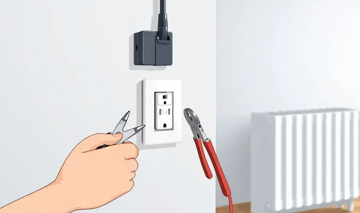 Main tenant modifie une prise électrique pour la transformer en prise radiateur, avec des pinces et un adaptateur.