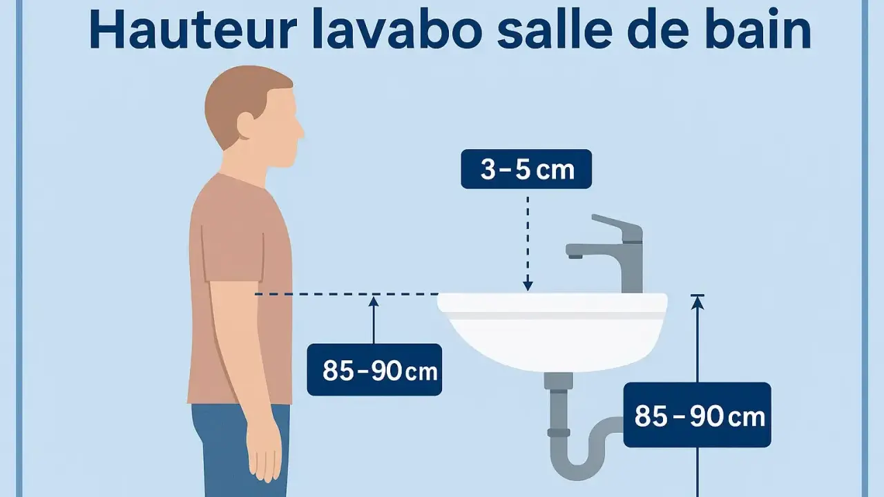 Illustration montrant la hauteur idéale d'un lavabo de salle de bain : 85-90 cm du sol, avec le robinet à 3-5 cm au-dessus du bord.