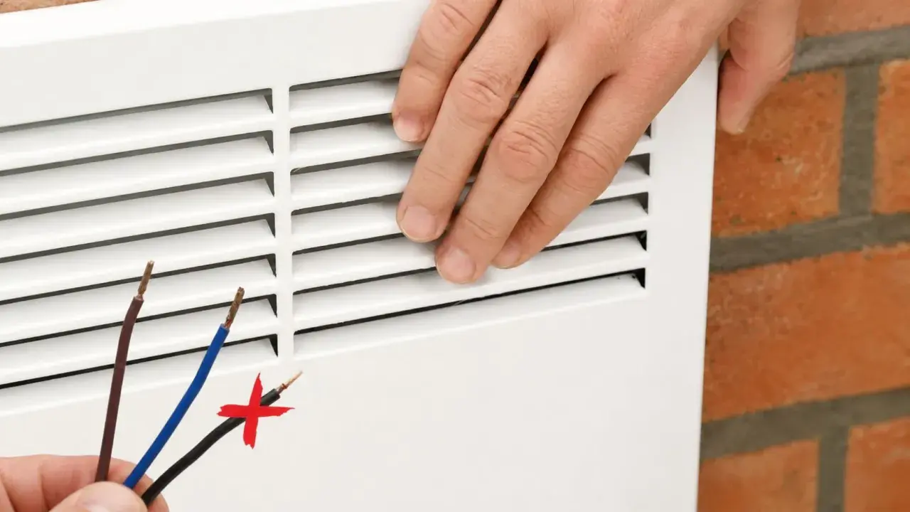 Installation d'un radiateur électrique. Les fils dénudés suggèrent une connexion, mais le fil noir barré indique une erreur. Le pilotage radiateur électrique sans fil pilote est la solution.