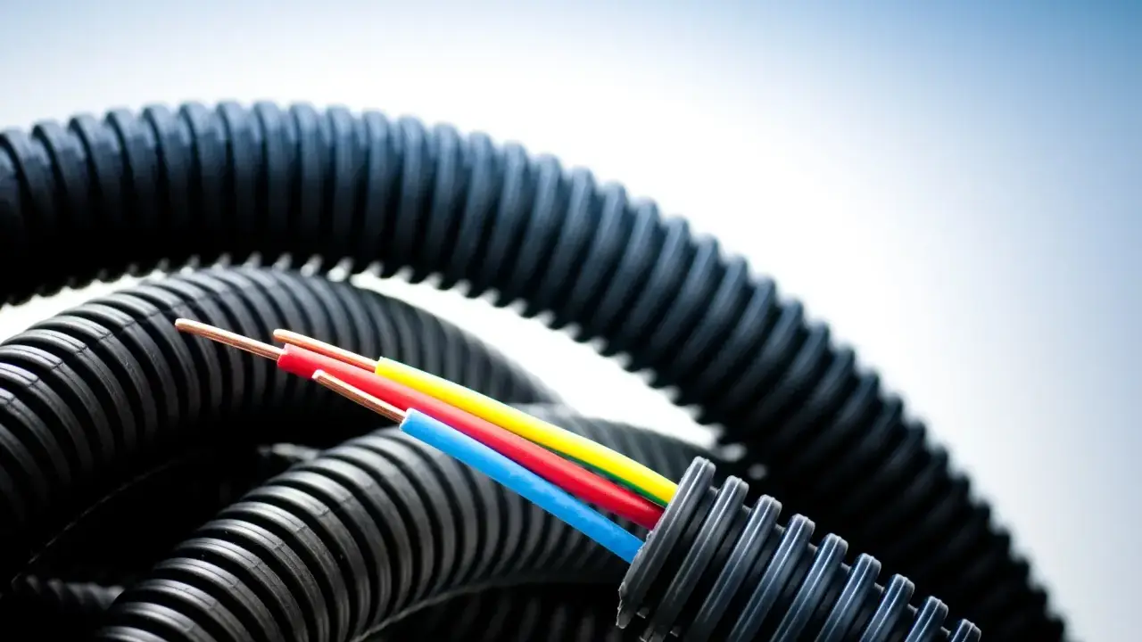 Trois fils électriques colorés sortent d'un tube plastique souple noir et ondulé, prêt à protéger les câbles.
