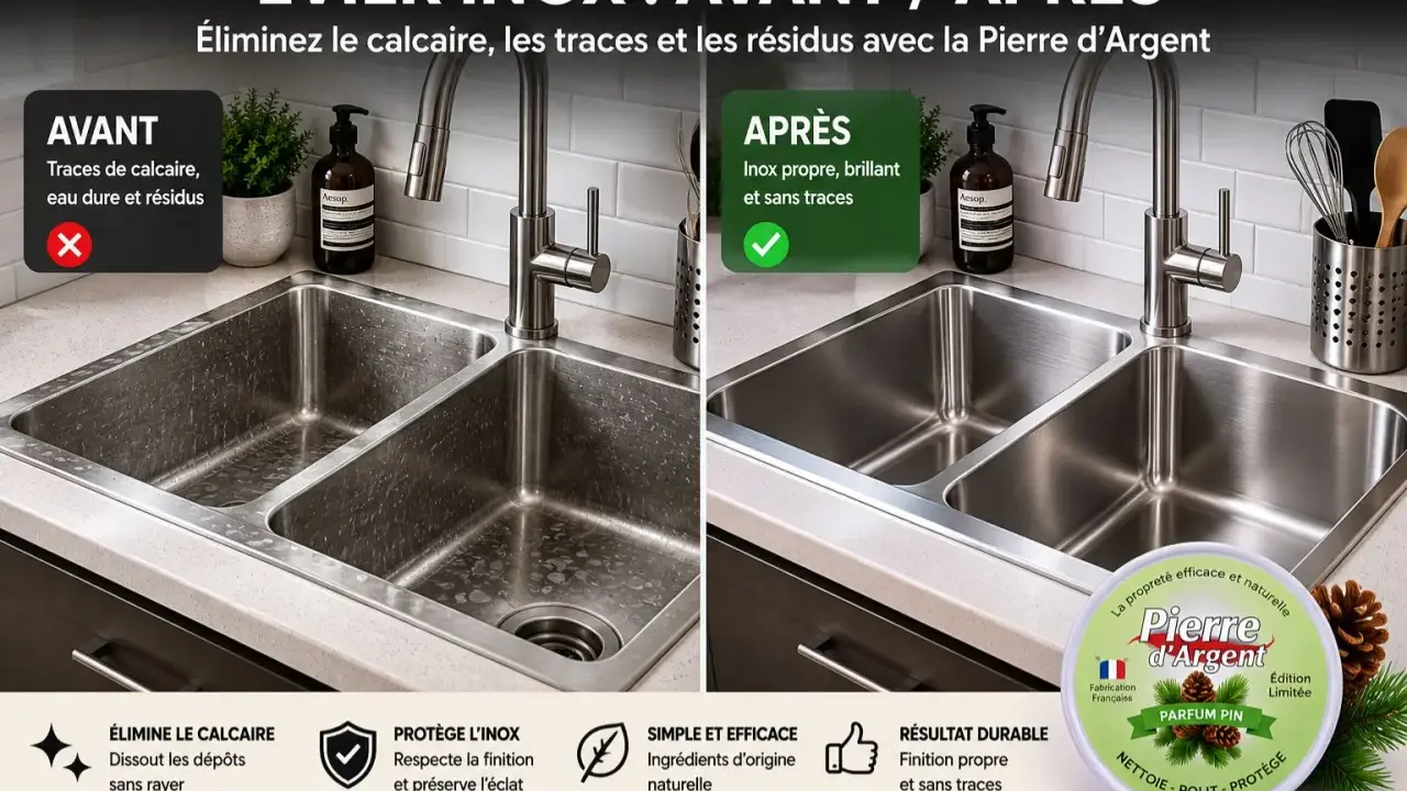 Avant/après d'un évier inox : le nettoyage de la cuve inox révèle un éclat sans traces grâce à la Pierre d'Argent.