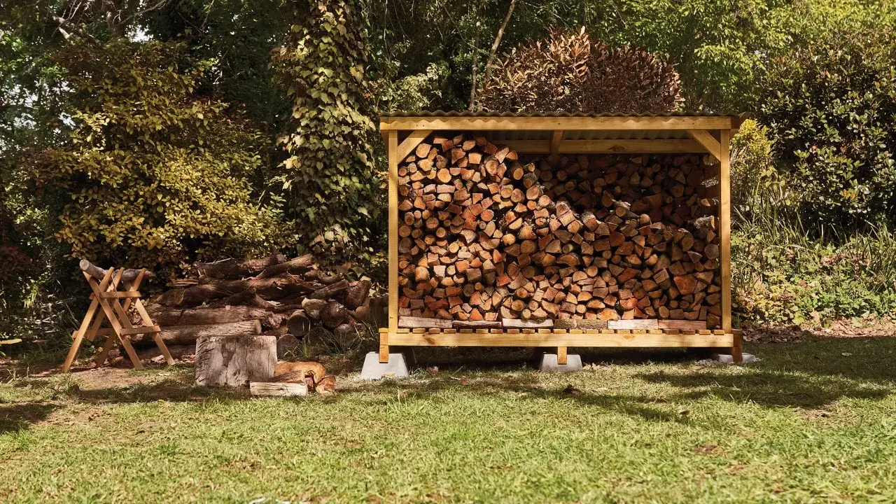 Abri bois de chauffage fait maison, rempli de bois sec. Un chien se repose à l'ombre.