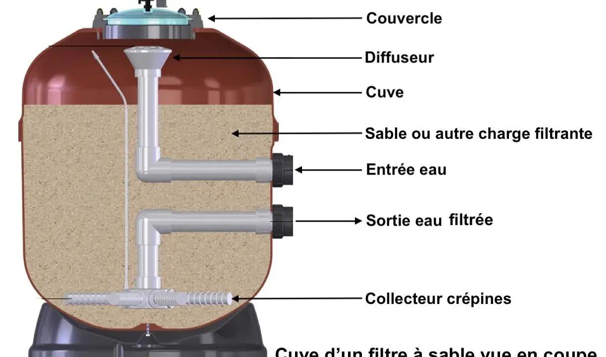 Coupe d'un filtre à sable de piscine, montrant le sable, les entrées/sorties d'eau et le collecteur. Essentiel pour le nettoyage du filtre à sable.