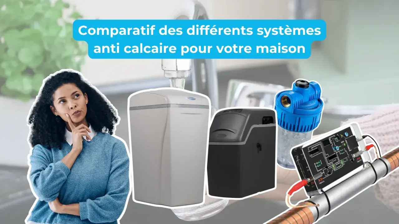Comparatif de systèmes anti-calcaire pour votre maison. Une femme réfléchit face à des appareils pour traiter l'eau très calcaire.