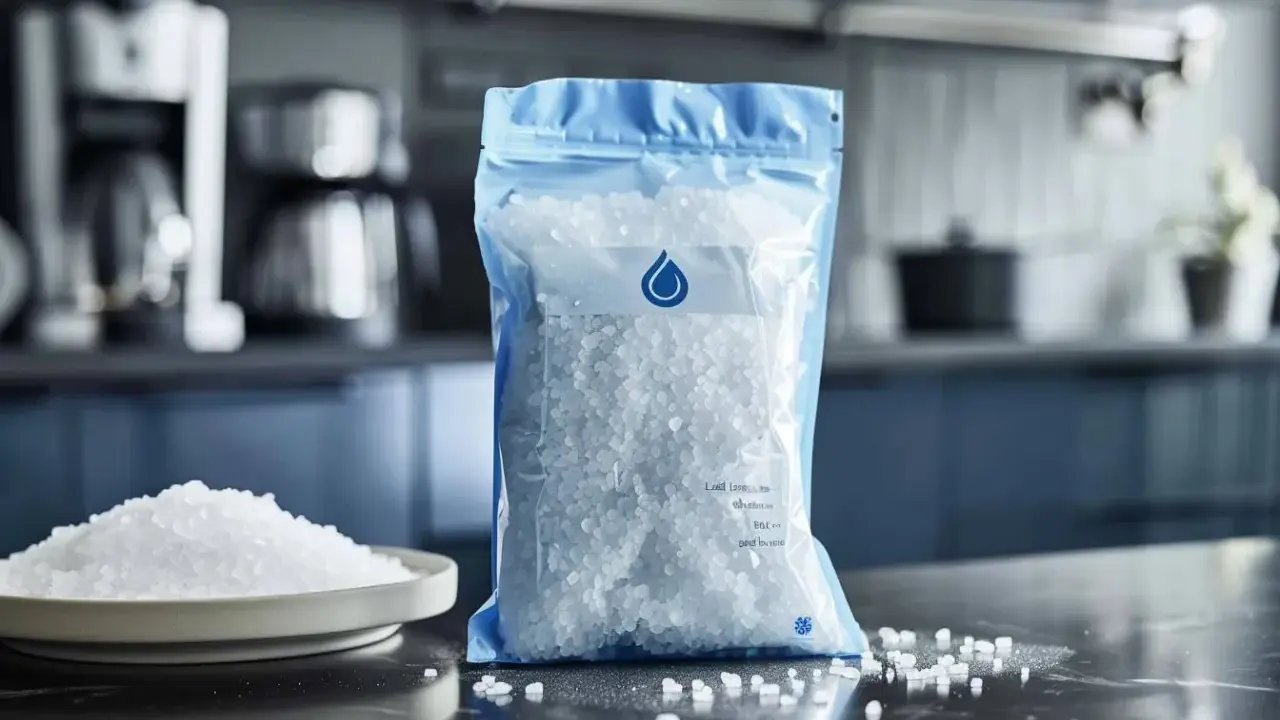 Un sachet de sel pour adoucisseur d'eau, avec une assiette de sel à côté. Idéal pour une consommation maîtrisée.