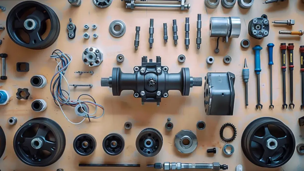 Vue éclatée de pièces mécaniques, dont une **tête électrovanne** centrale, des roues, des vis et des outils.