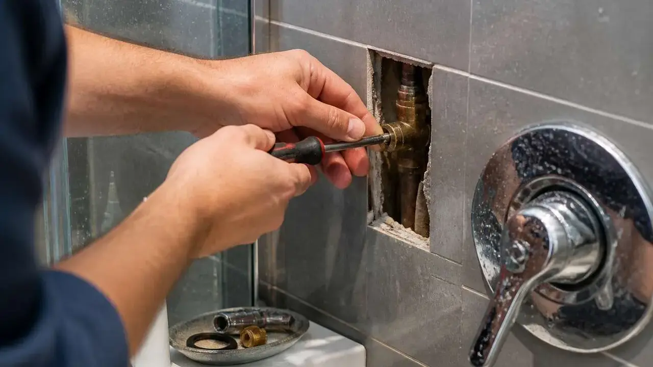 Plombier ajustant une pièce de robinetterie avec un tournevis. Un flexible renforcé est visible dans le mur.