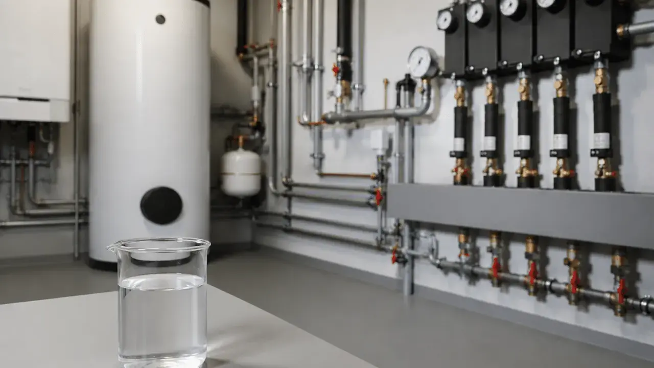 Un bécher d'eau claire devant un chauffe-eau et un système de tuyauterie complexe. Est-ce une eau dure ?