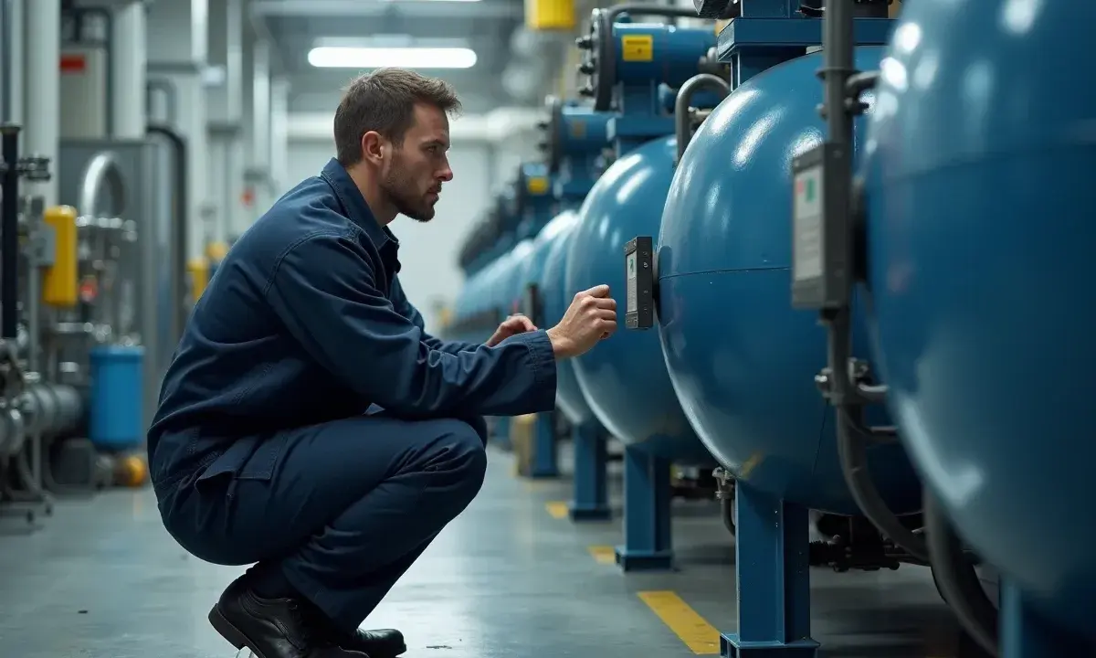 Un technicien en combinaison bleue effectue une prise d'échantillon sur de grandes cuves bleues dans une usine.