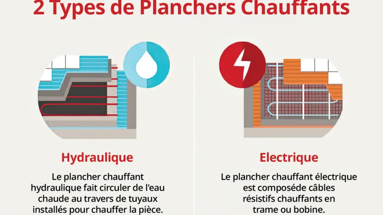 Illustration comparant les planchers chauffants hydraulique et électrique. Le plancher chauffant électrique utilise des câbles pour une température idéale.