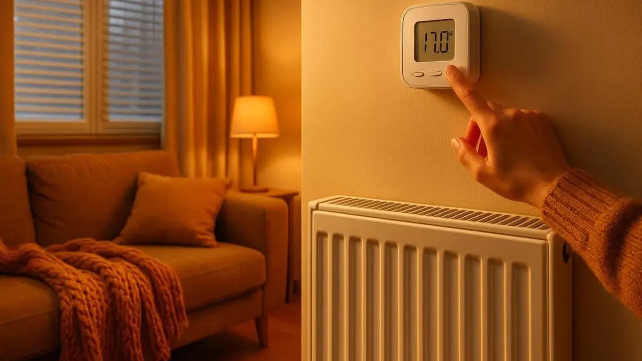 Une main ajuste le thermostat d'un radiateur dans un salon confortable. Un autre radiateur est visible à gauche, près d'un canapé.