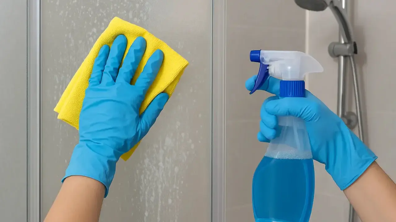 Mains gantées en bleu nettoient une paroi de douche entartrée avec un chiffon jaune. Un spray bleu est prêt à enlever le calcaire douche.