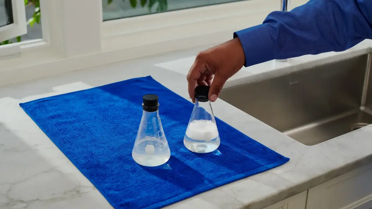 Main tenant une fiole pour mesurer th eau, posée sur une serviette bleue à côté d'une autre fiole.